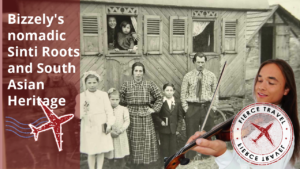 Bizzely plays the violin, in the foreground of a photo of his nomadic Sinti ancestors
